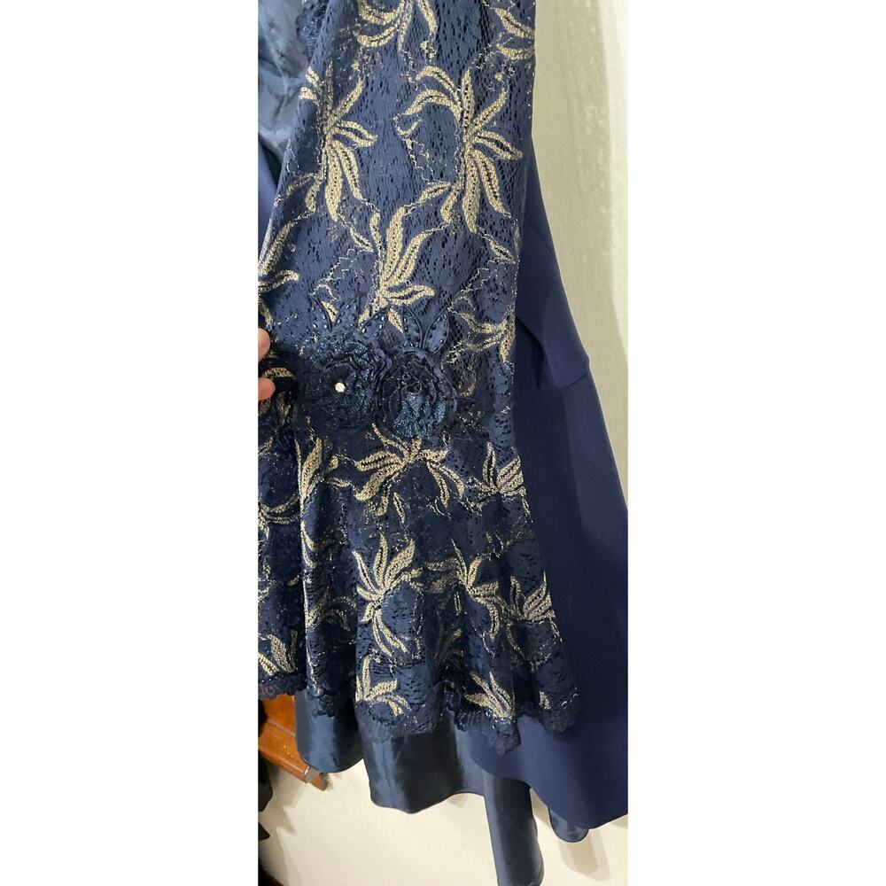 Champagne Italy Blue/Gold Lace Flare Sleeve Jacket Floral Hi-low 24 Plus Church - Picture 4 of 7